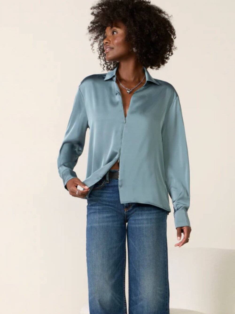EVEREVE Carrie Double Zip Satin Shirt Dusty Teal Collared Blouse Women's Size XS